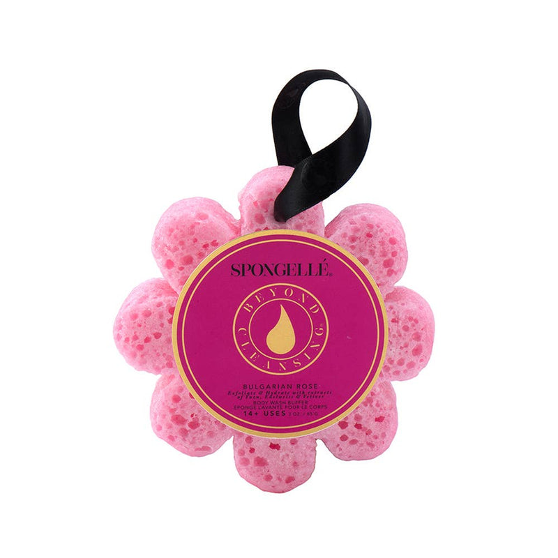 shows the front of the bulgarian rose body wash buffer in the shape of a flower. in the colors light pink & dark pink. 