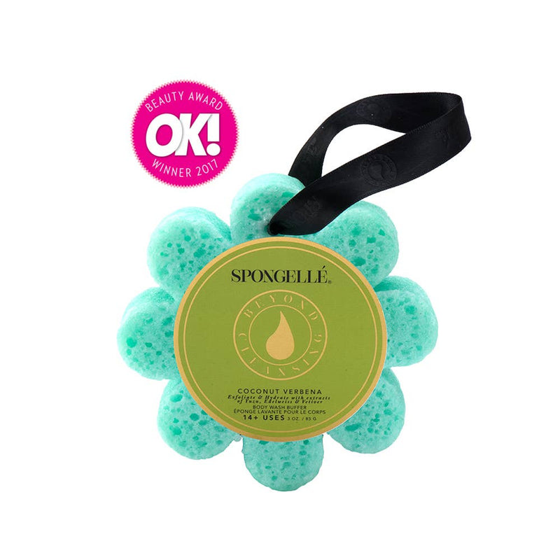 shows the front of the coconut verbena  body wash buffer in the shape of a flower. in the colors light teal & dark light green. 