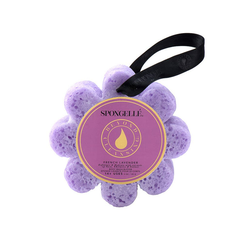 shows the front of the french lavendar body wash buffer in the shape of a flower. in the colors light purple & dark purple.. 