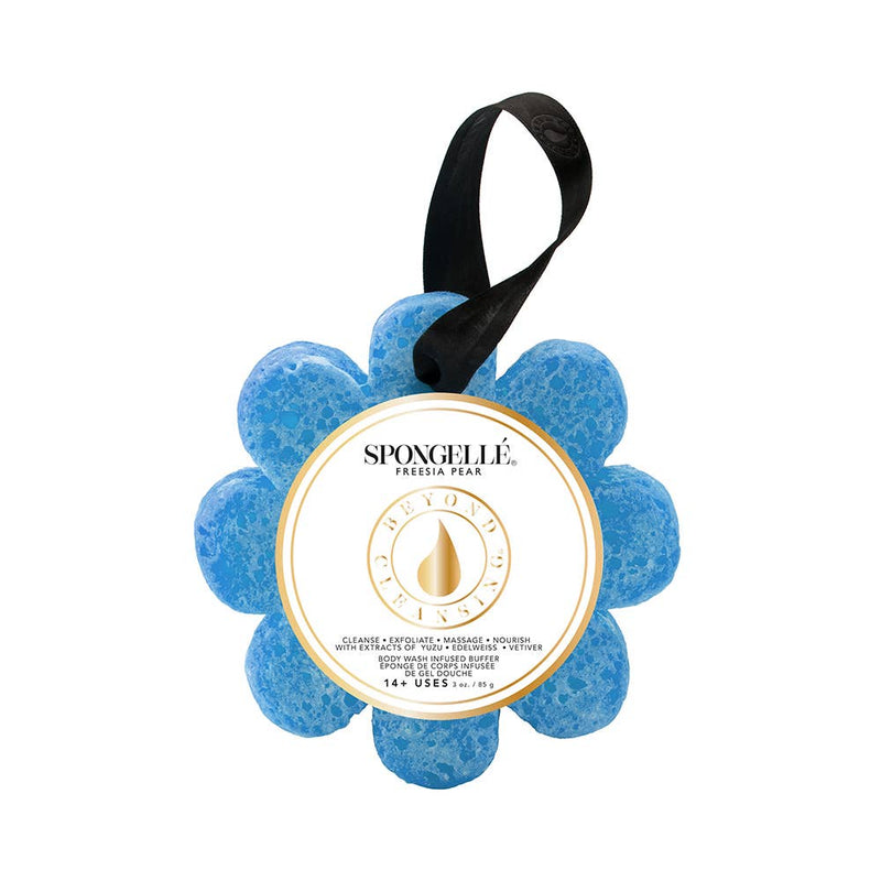 shows the front of the freesia pear body wash buffer in the shape of a flower. in the colors blue & white. 