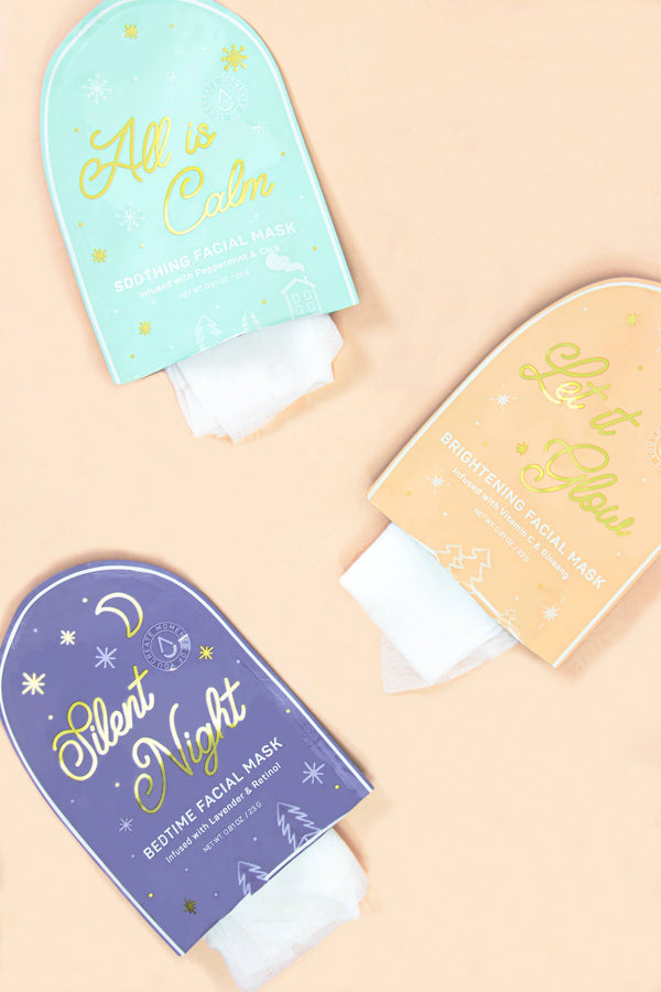 shows the three face masks. shows the bedtime, brightening and soothing. each packet is opening and shows a bit of the face mask. 