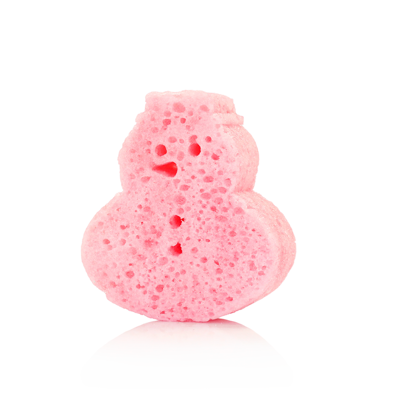 back view actually shows what the buffer soap looks like. in the shape of a snowman and the color pink. 