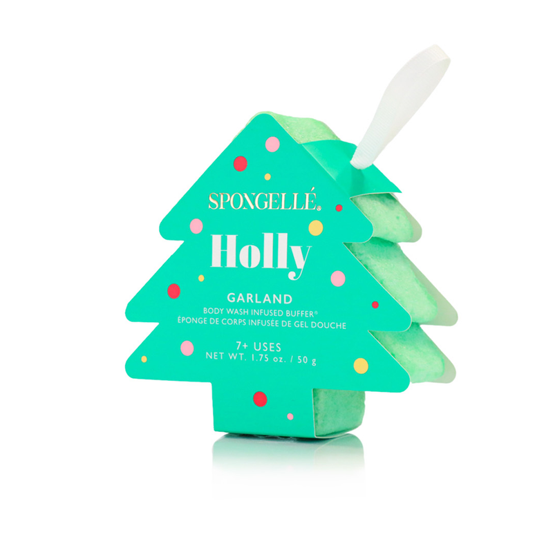 shows the holly garland buffer. shaped in a tree form and the packaging is green with polka dots of yellow, pink & red. 