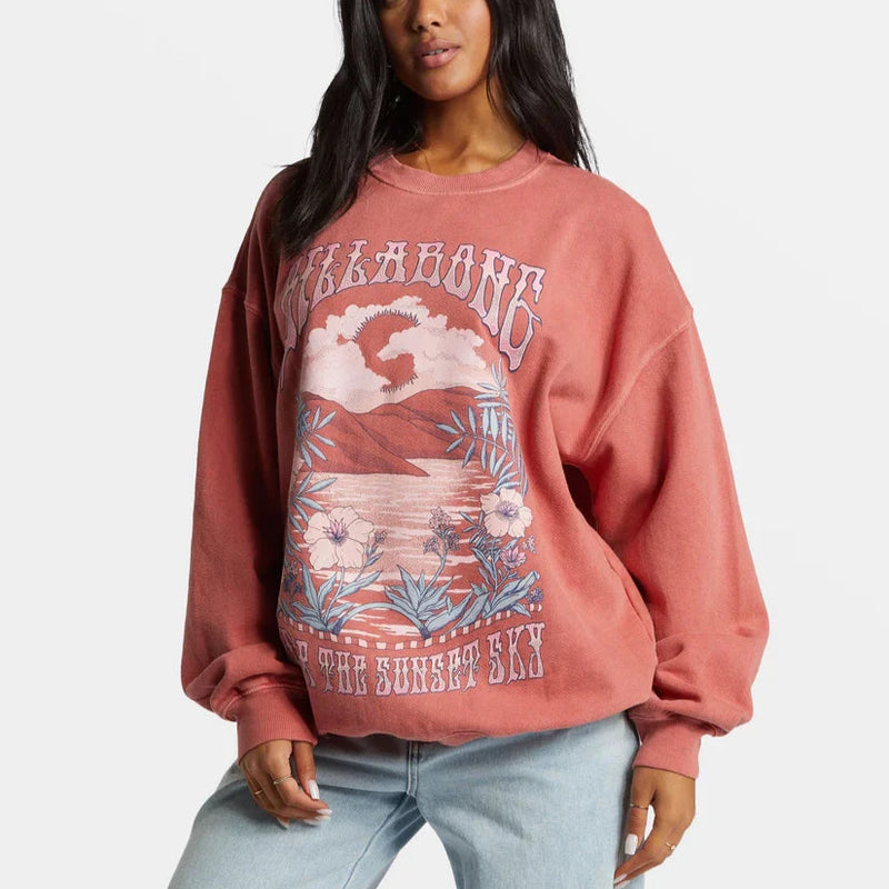 front view of the model wearing the ride in sweatshirt. shows the front graphic. also shows the crew neckline, and the oversized fit. 