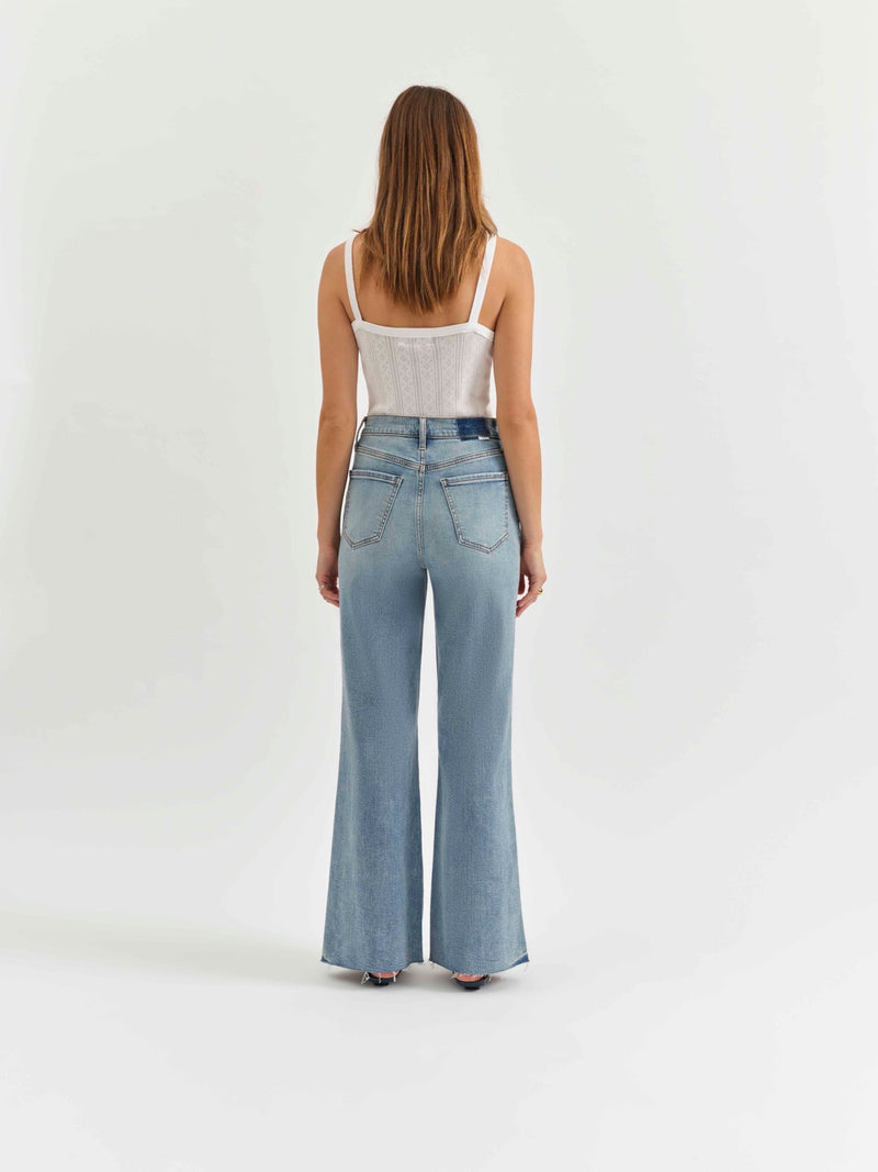 back view of the model wearing the far out high rise wide leg jean. shows the high rise waist. also shows the light wash the wide legs and the back pockets. 