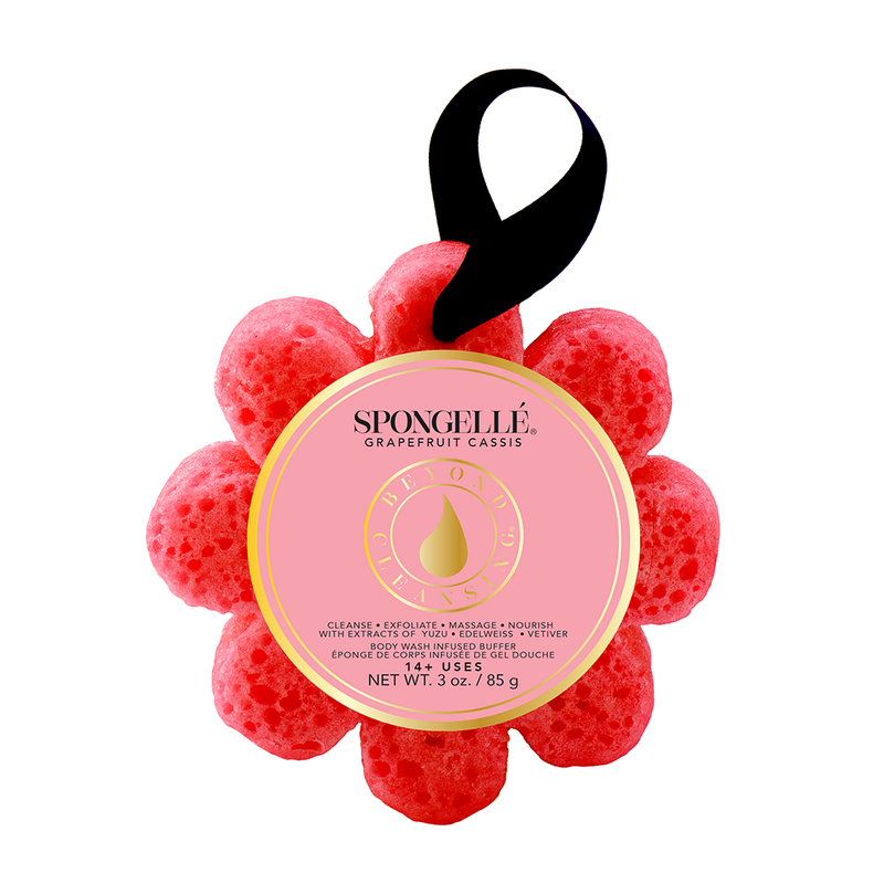 shows the front of the grapefruit cassis body wash buffer in the shape of a flower. in the colors light pink & red. 