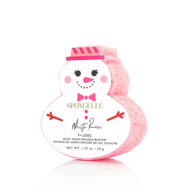 front view of the snowman buffer soap. shows the shape of a snowman, the features of a snowman on the packaging. 