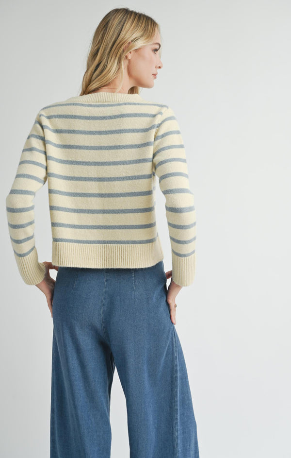 back view of the model wearing the sheri striped sweater. shows the blue stripe detailing. also shows the ribbed detailing on the cuffs, neckline and the bottom hem and the waist length. 