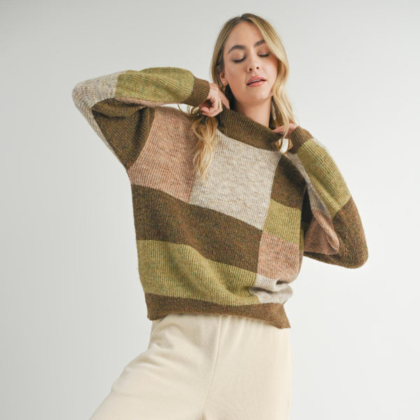 front view of the model wearing the forest walk turtleneck sweater. shows the color blocking pattern. also shows the turtlneck, the ribbed detailing, and the slight oversized fit. 