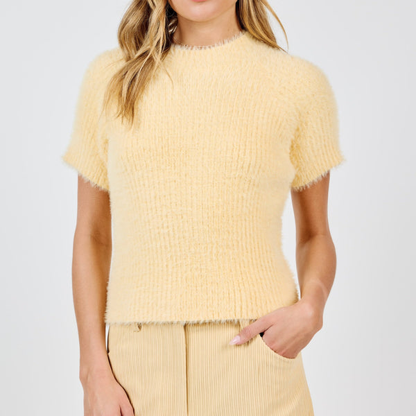 front view of the model wearing the rudy ribbed short sleeve sweater in this beautiful lemon color. shows the crew neckline. also shows the short sleeves, the fibbed detailing and the regular fit. 