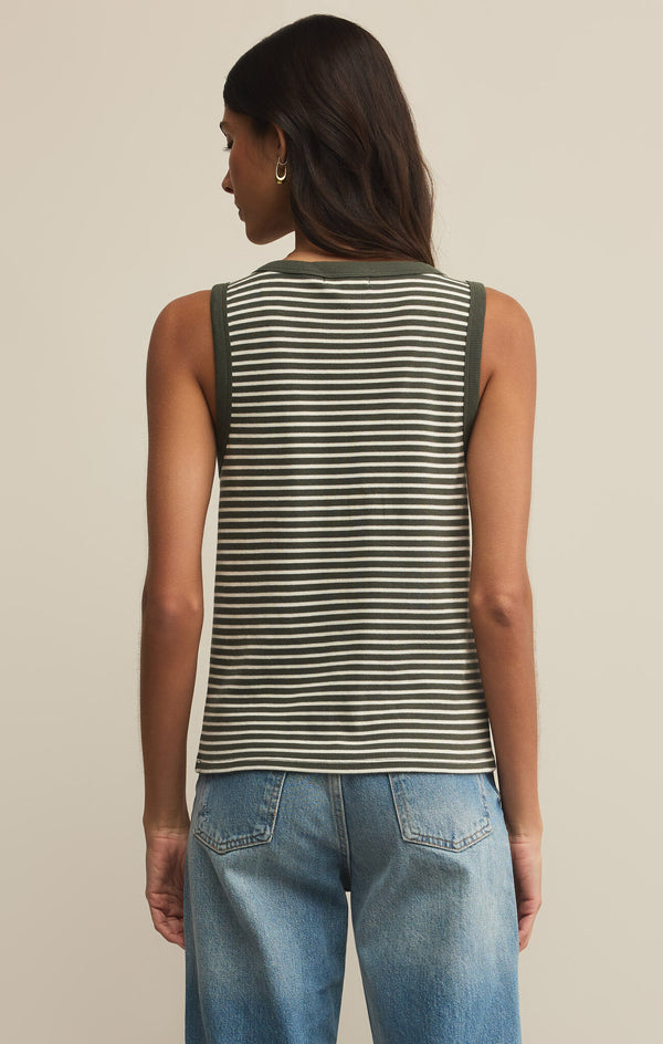 back view of the model wearing the elin stripe rib tank. shows the wide straps. also shows the fitted look and the stripe design. 